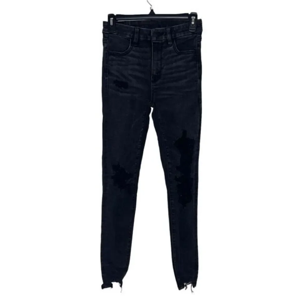 American Eagle Woman's Distressed Super Hi Rise Jegging Black Denim Jeans Size 2